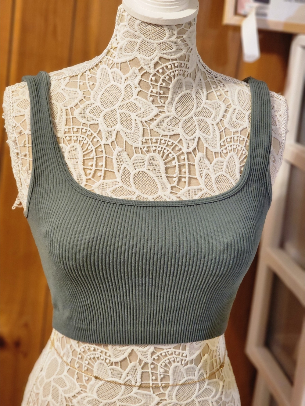 Zara Slate Sage Green Seamless Ribbed Scoop Neck Crop Tank Top
